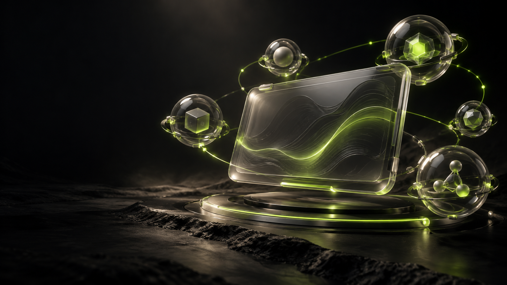 Ilustração de um console de vidro e módulos conectados por luz verde, representando agentes trabalhando juntos.